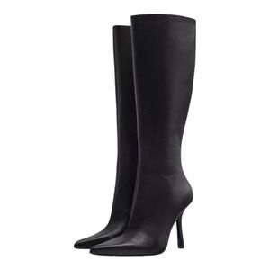 Zara Tall Black Leather Heeled Pointed Toe Boots NEW‎ Sz EU 41 US 10